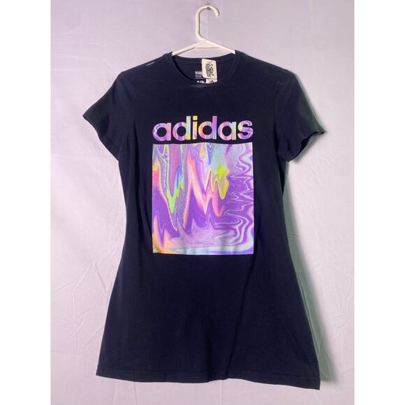Adidas Holographic Pastel Oil Print Black The Go To Tee Shirt Women's Size Small - Picture 1 of 4
